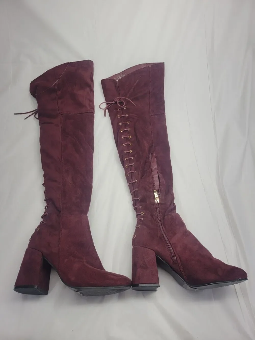 Indulge Size 7 Suede High Heel Over The Knee Boots Lace Up Zip Burgundy Maroon